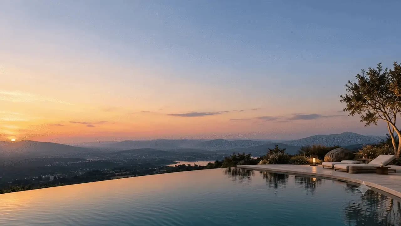 A hillside terrace at sunset, an infinity pool set above a valley of hills and a lake, where a contemporary house of glass and stone resolves into view.