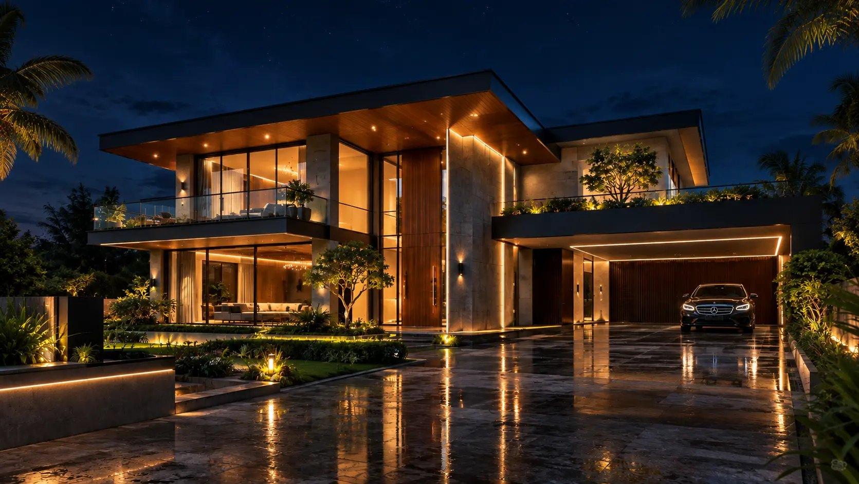 The building at night, its interiors and soffits lit from within, seen across a wet stone forecourt.
