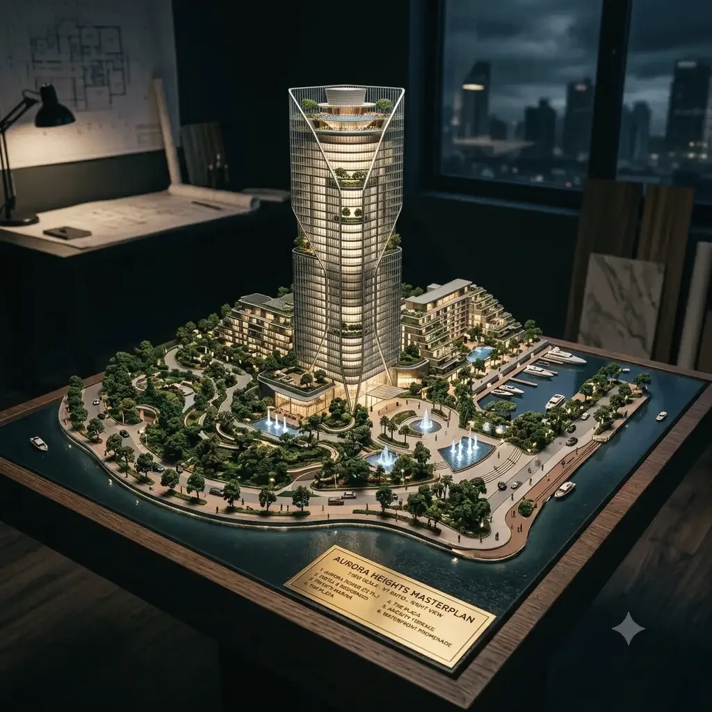 A masterplan model on a studio table, a single tower rising from a landscaped waterfront podium.