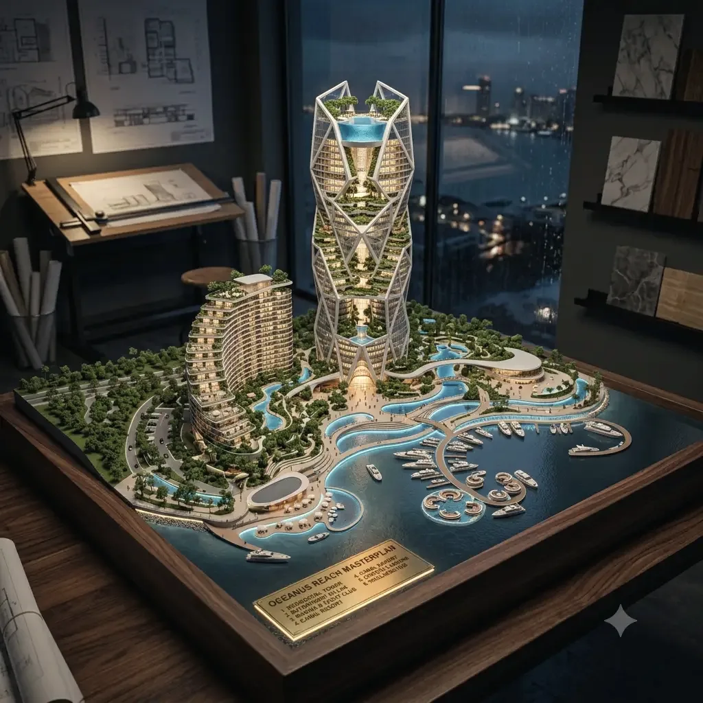 A masterplan model of a faceted tower beside a stepped block, a harbour of moorings laid out below.