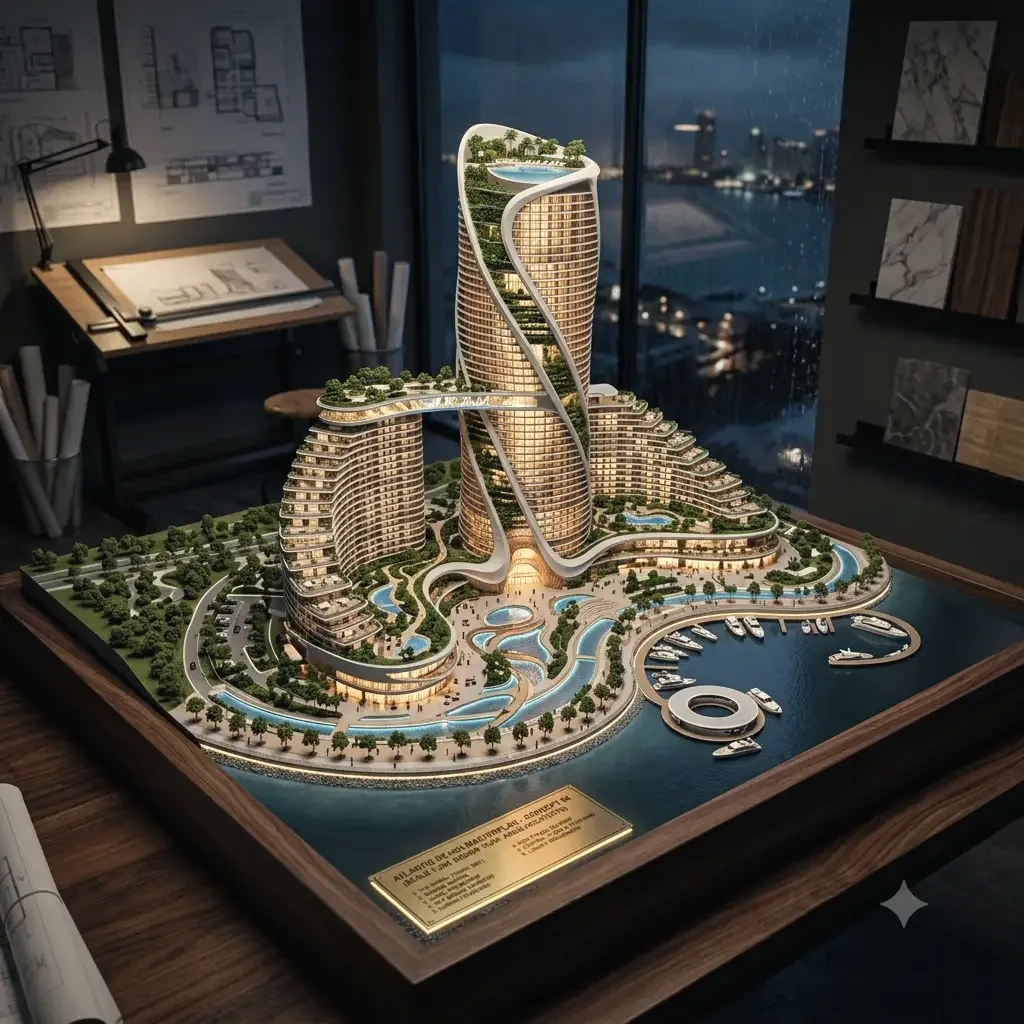 A masterplan model of two curved blocks winding around a central tower, a marina cut into the site.