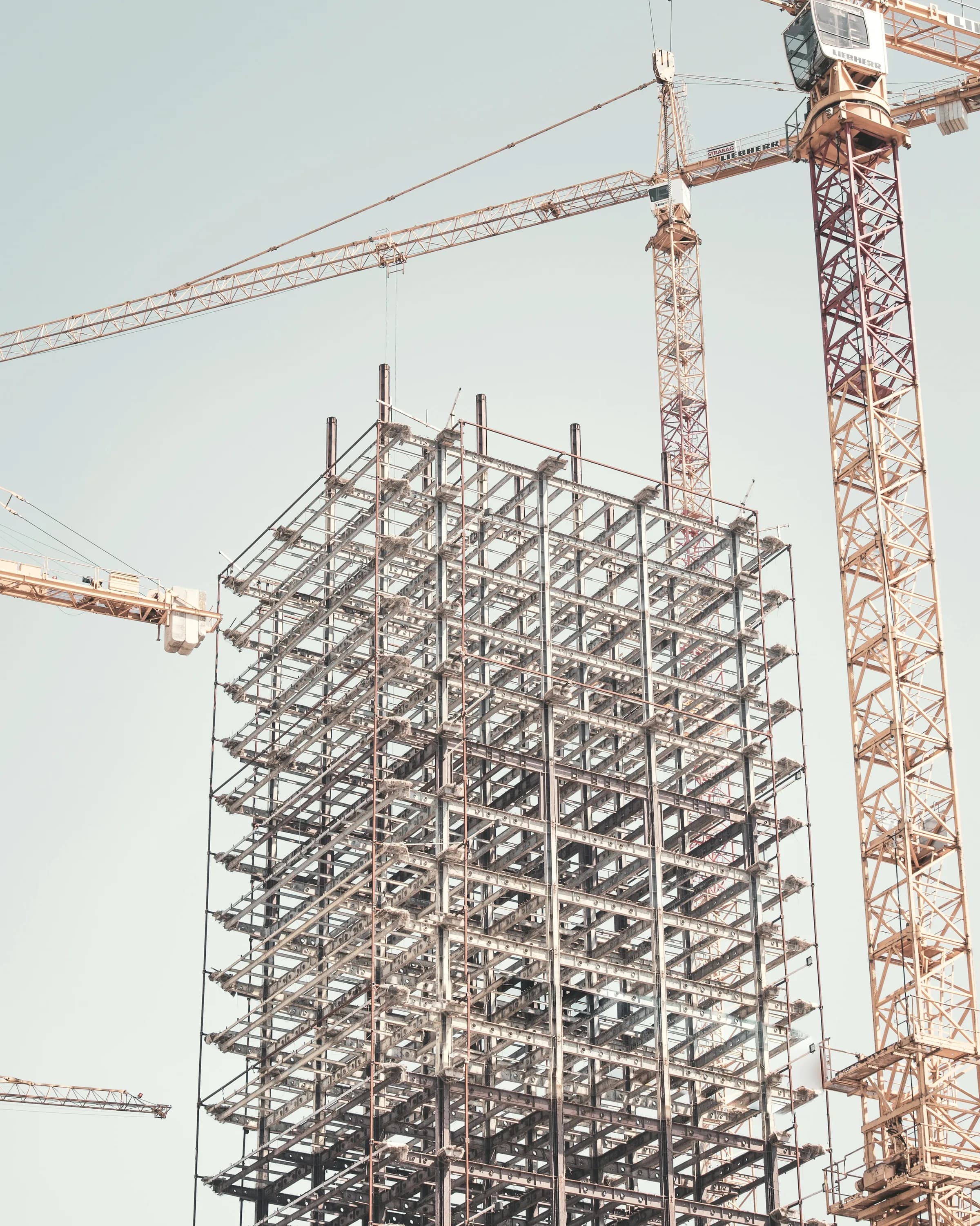 Steel framework standing exposed before the cladding is hung.